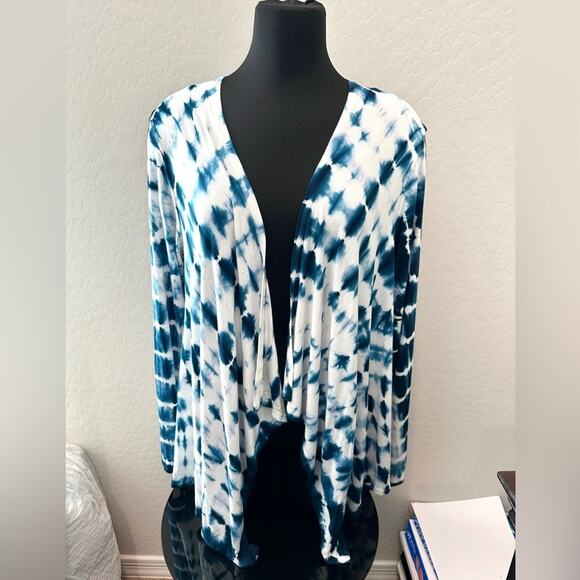 SAINT TROPEZ WEST | Knit Stretchy Blue White Tie Dye Open Cardigan | Medium - Picture 2 of 7
